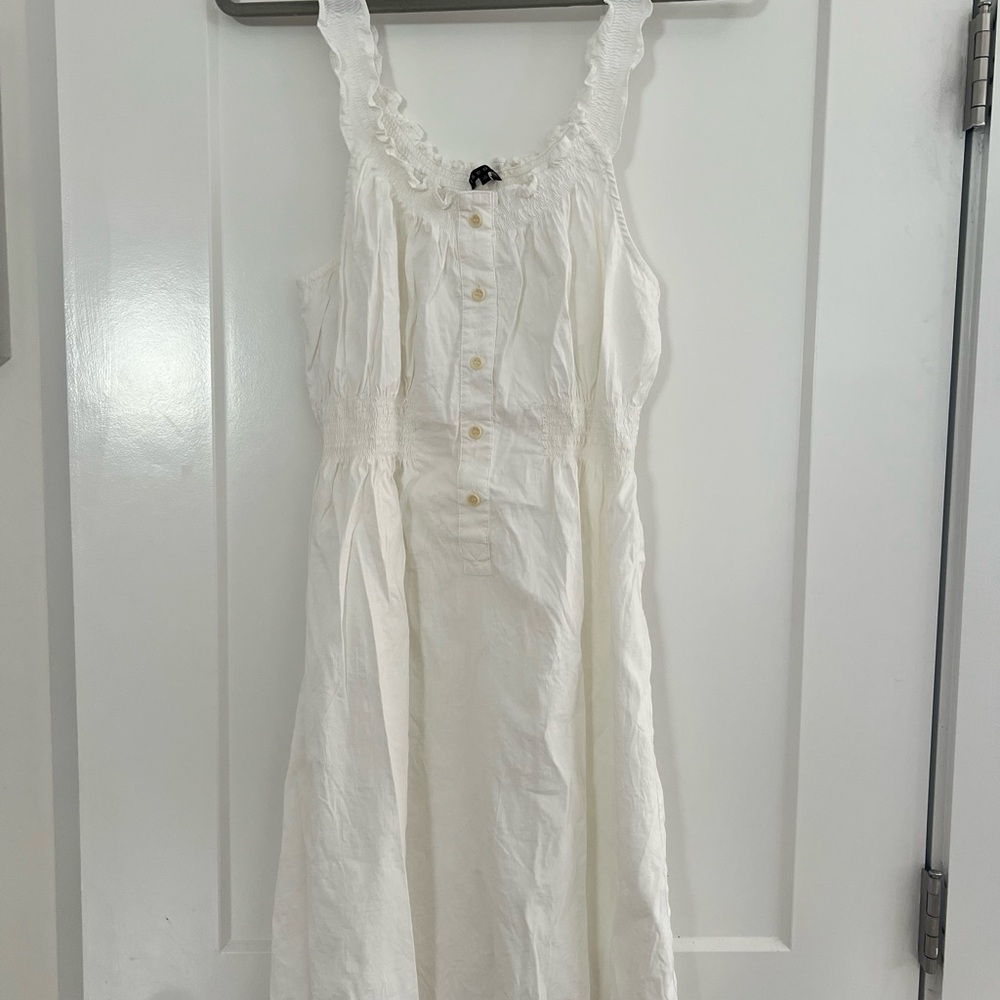 Theory White Ruffled Smocked-Neck Button Dress size 10